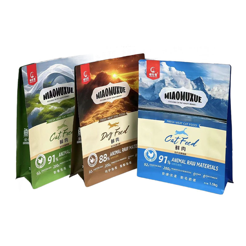 Custom Logo Stand-Up Pet Food Packaging Bag – Eight-Side Seal, Resealable Aluminum-Coated Plastic for Freeze-Dried Dog & Cat Food